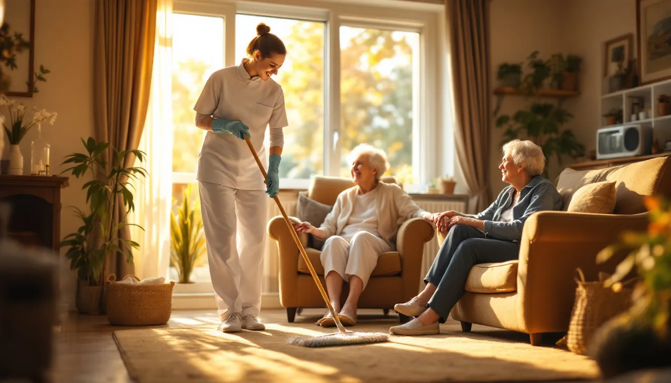 A professional cleaner performing a thorough room-by-room cleaning in a senior's home.