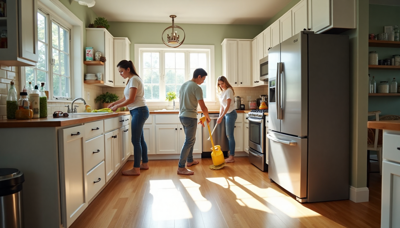 People deep cleaning a bright Massachusetts kitchen together