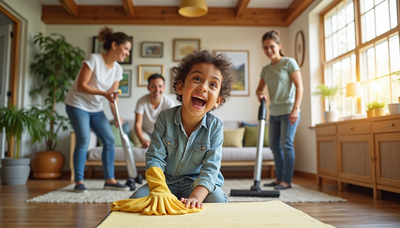 Family cleaning modern Massachusetts home with cleaning tools; deep cleaning essentials