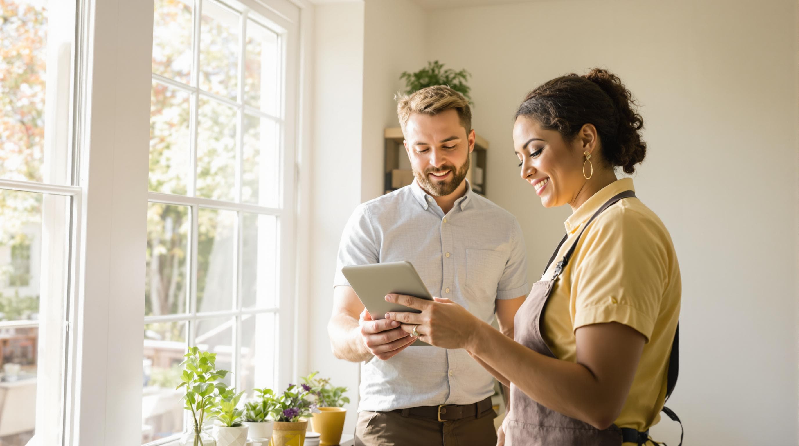 Cleaner and homeowner reviewing a customized cleaning plan in a bright Massachusetts home