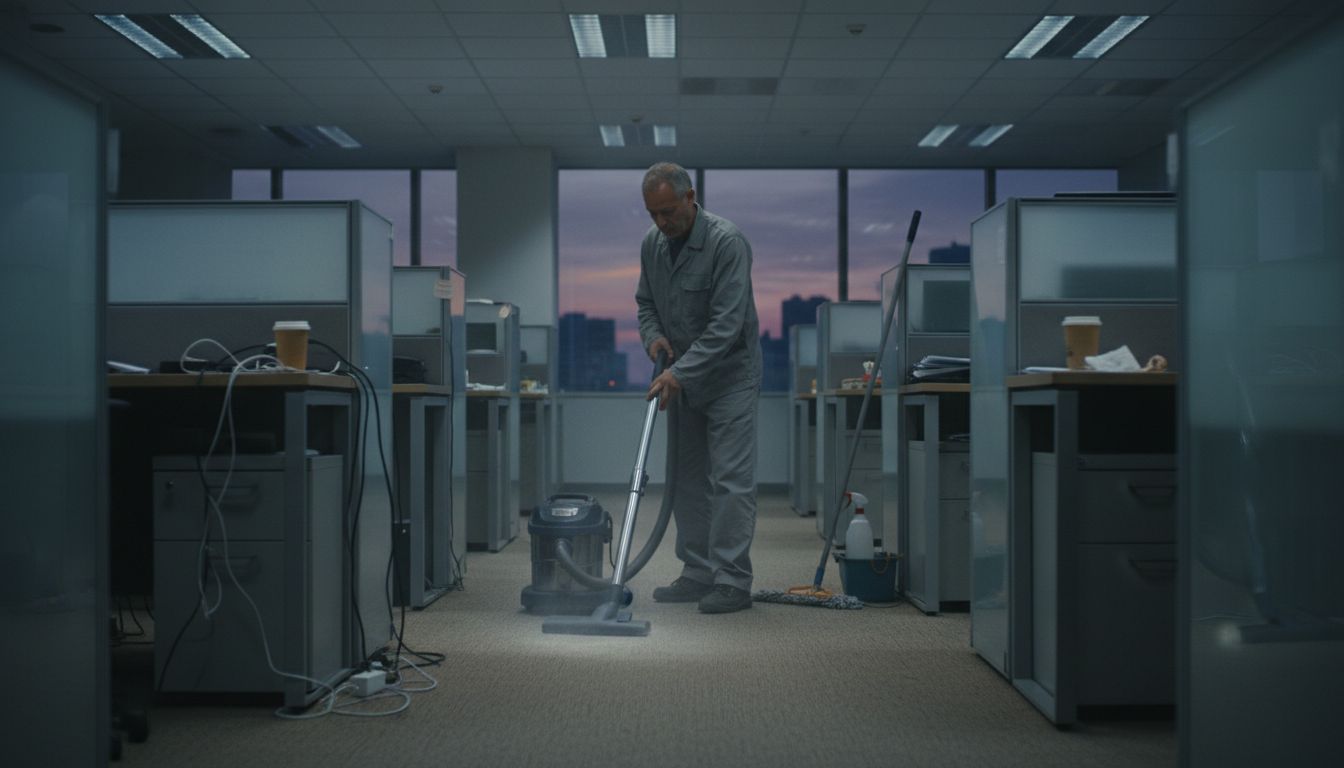 Cleaner vacuuming open-plan office at night