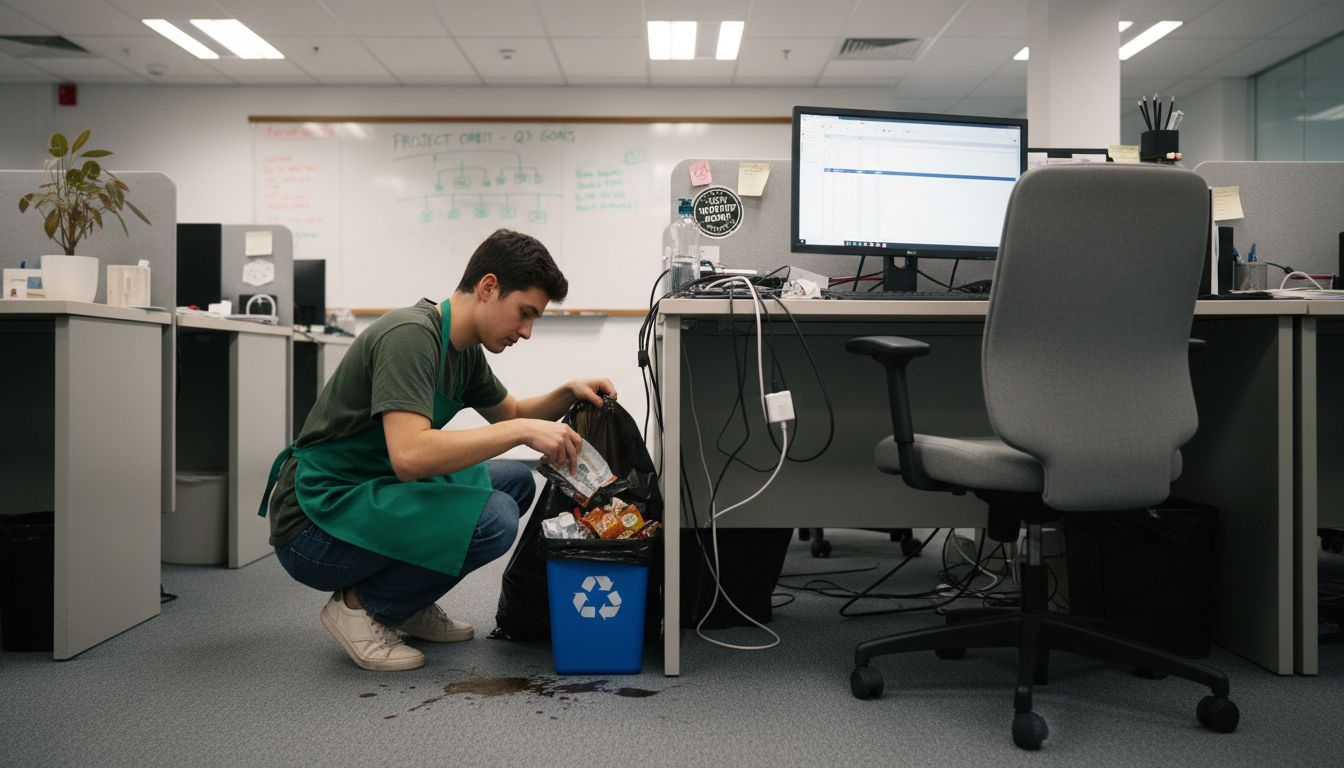 Cleaning staff recycles in busy office