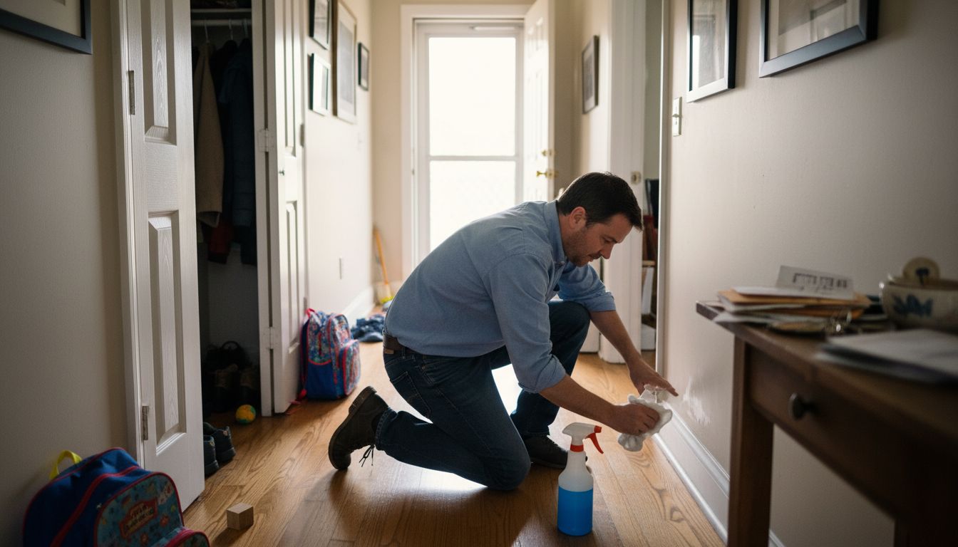 Man cleaning baseboard in busy hallway