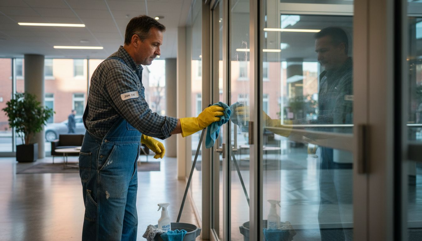 Janitor cleaning office lobby glass door