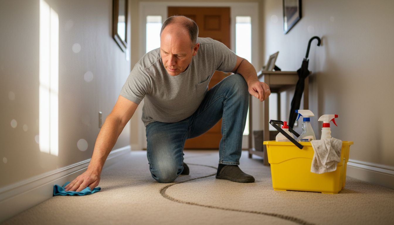 Cleaner wiping baseboard in hallway