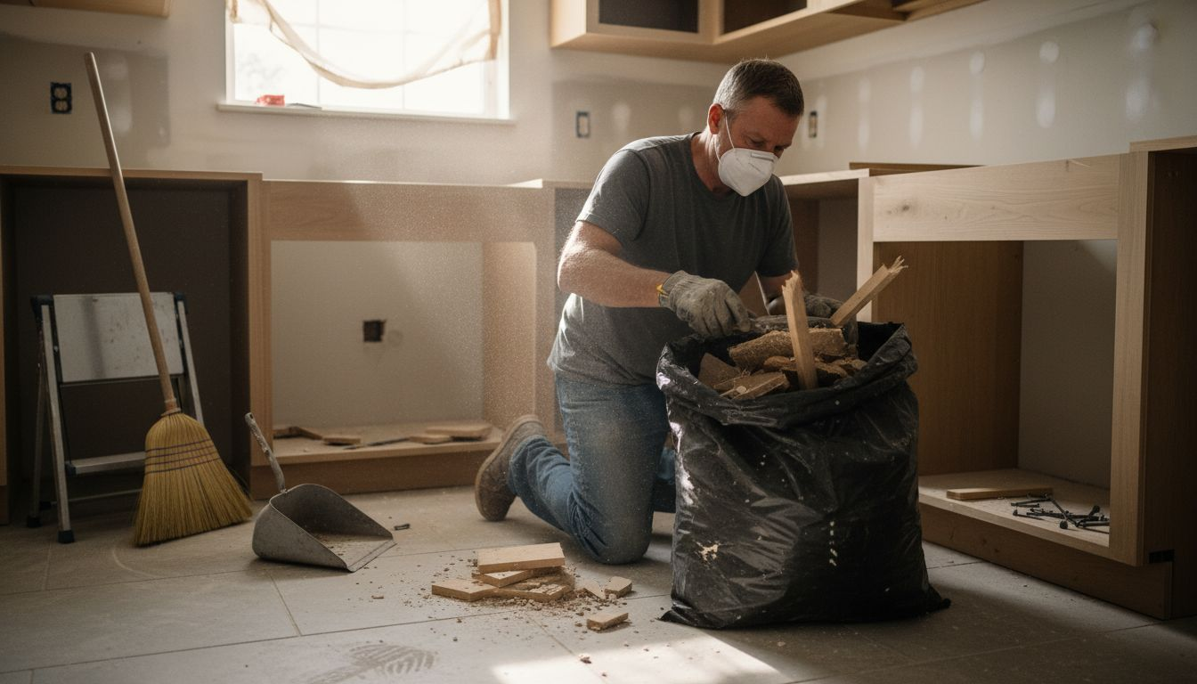 Man removing debris in dusty kitchen