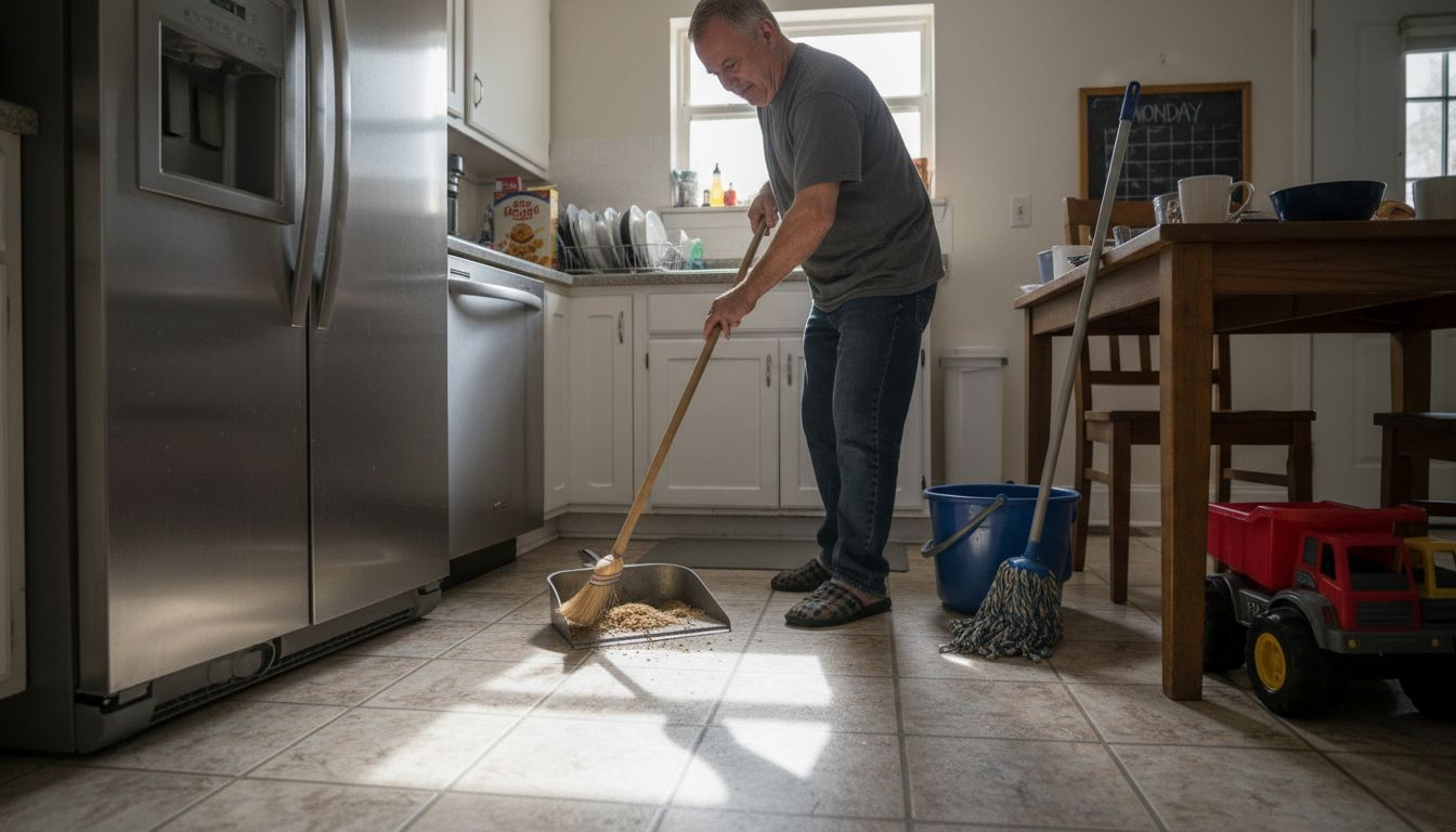 Man sweeping kitchen floor near mop
