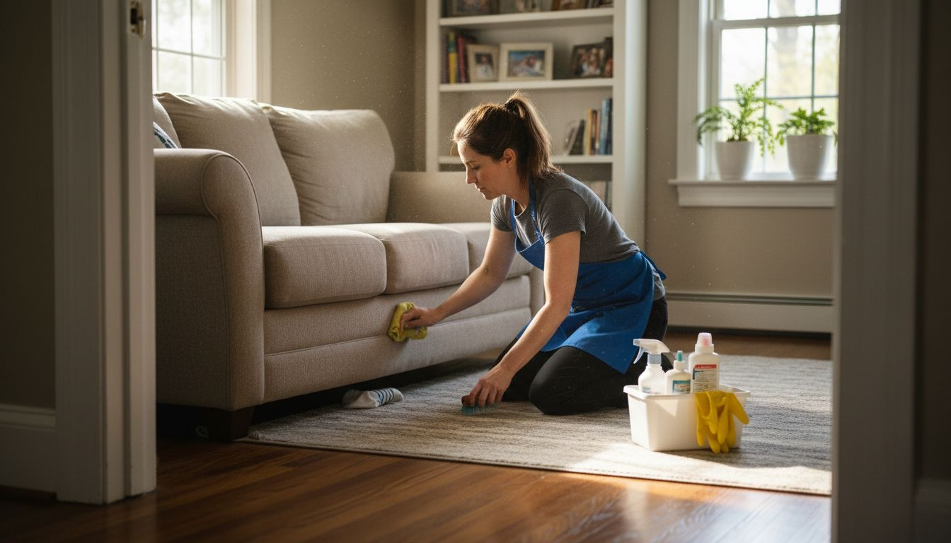 Cleaner deep cleaning behind living room sofa