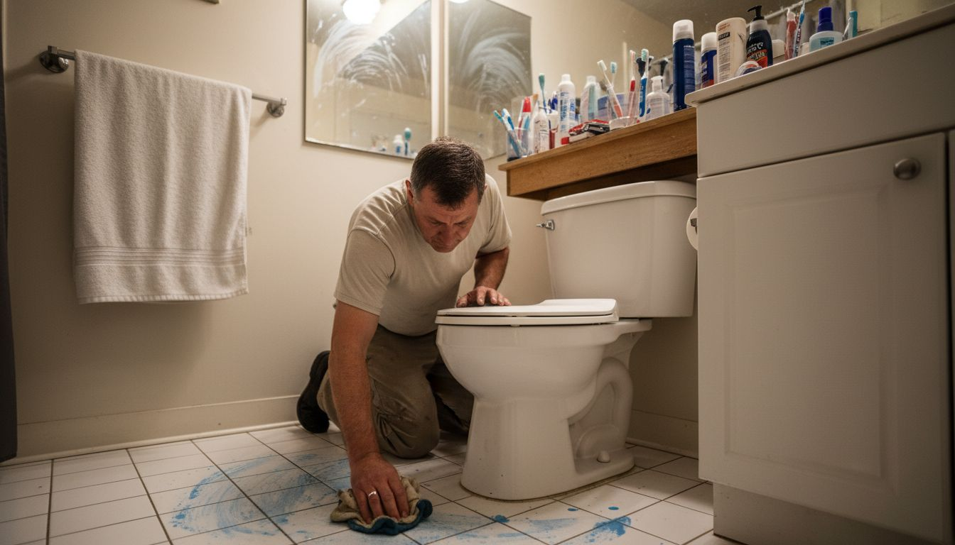 Man cleaning base of toilet in bathroom