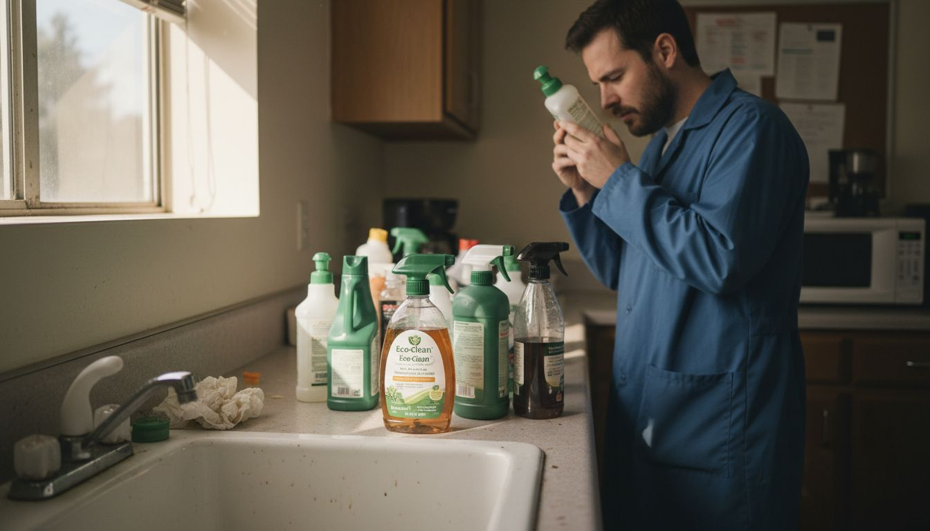 Janitor choosing plant-based cleaning bottles