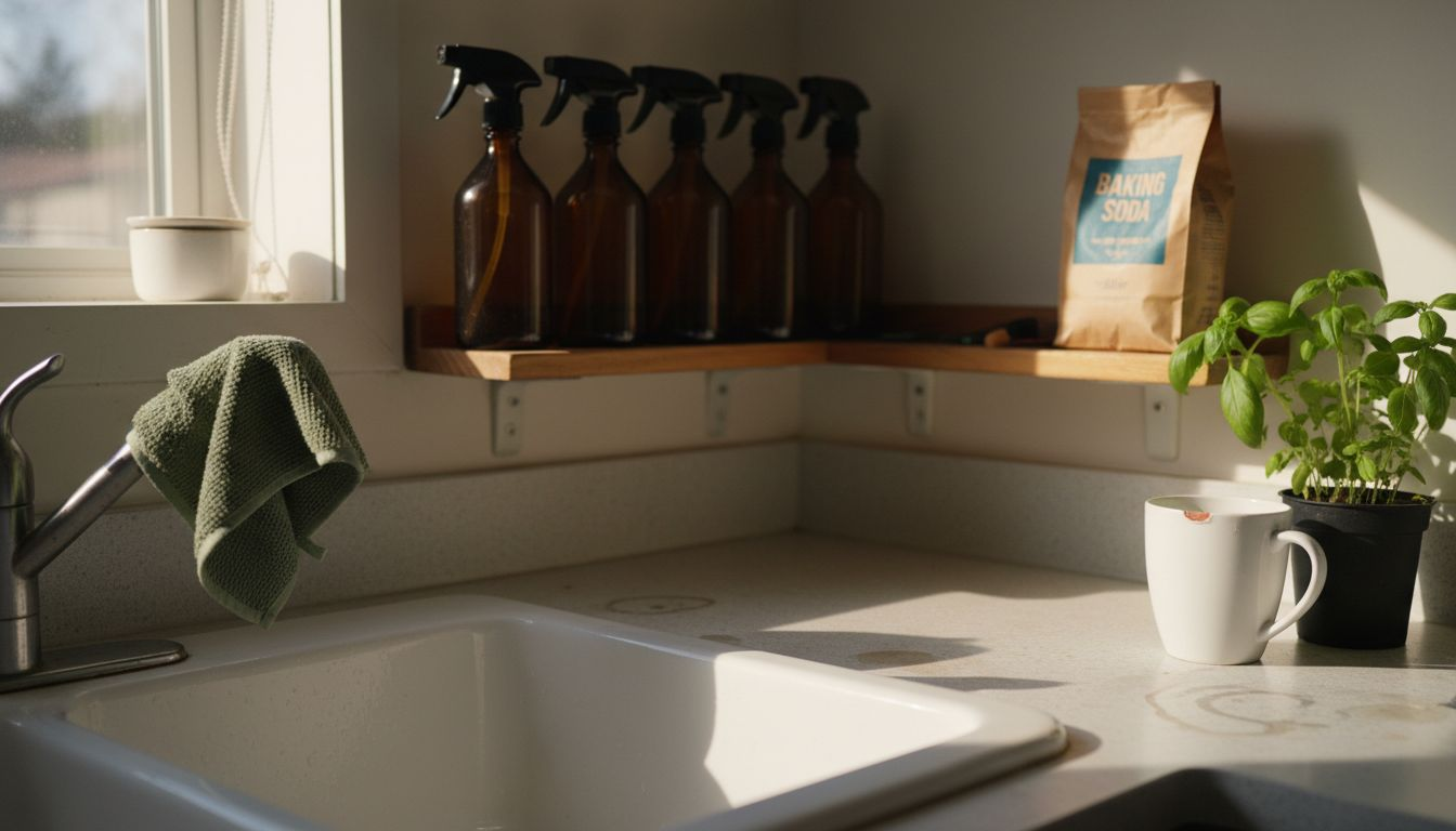 Eco-friendly cleaning products on kitchen shelf