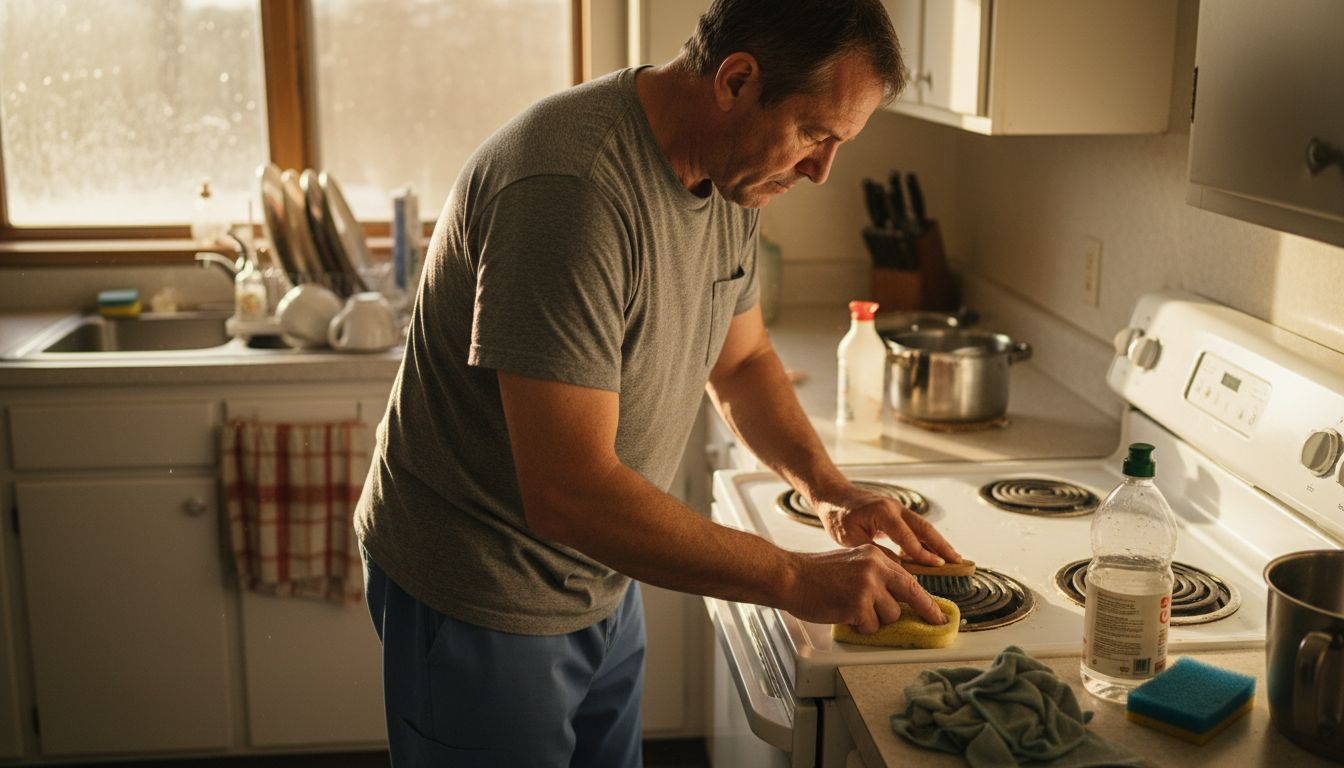 Man deep cleaning kitchen appliance at home