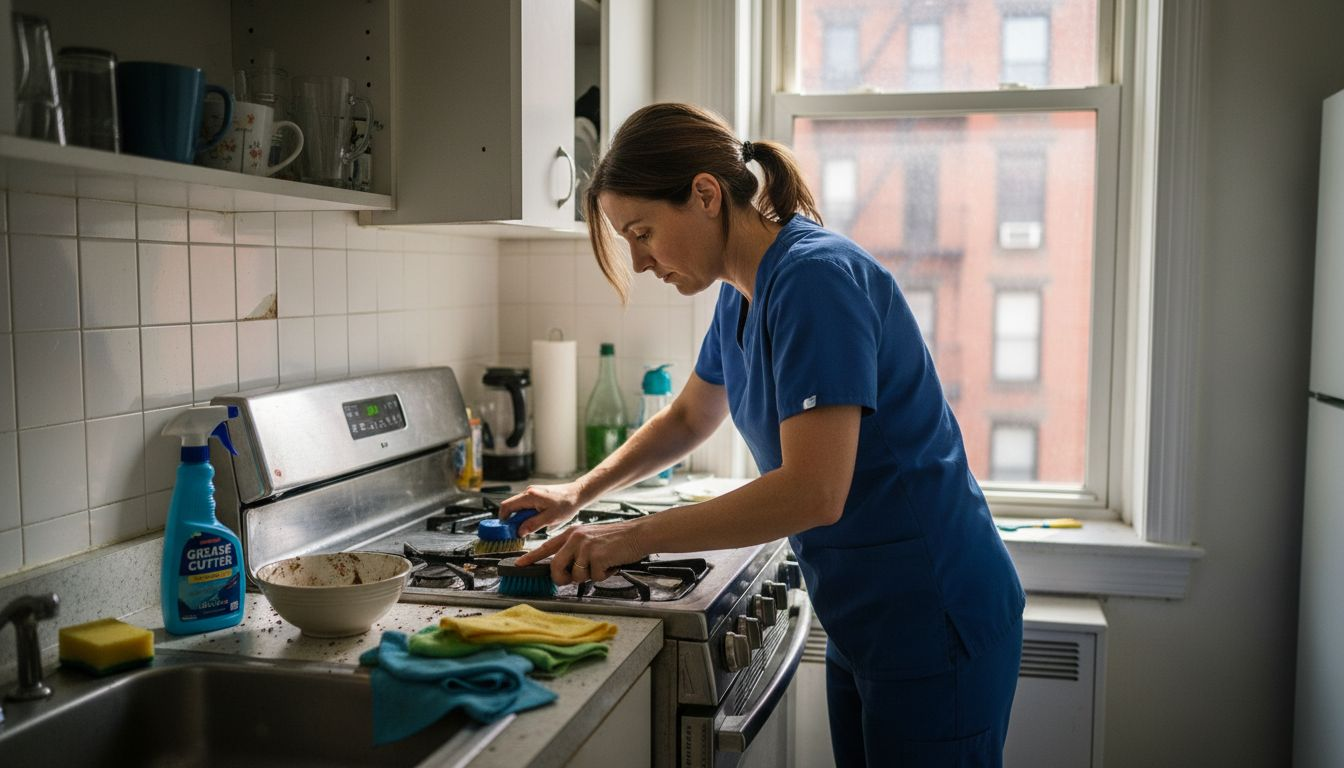 Woman deep cleaning rental kitchen appliances