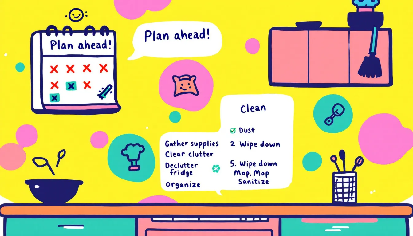 Seasonal kitchen cleaning guide with organized supplies.