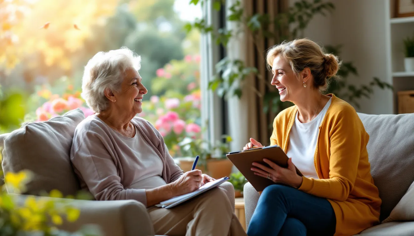 A customized cleaning plan being discussed with a senior, emphasizing tailored cleaning services.