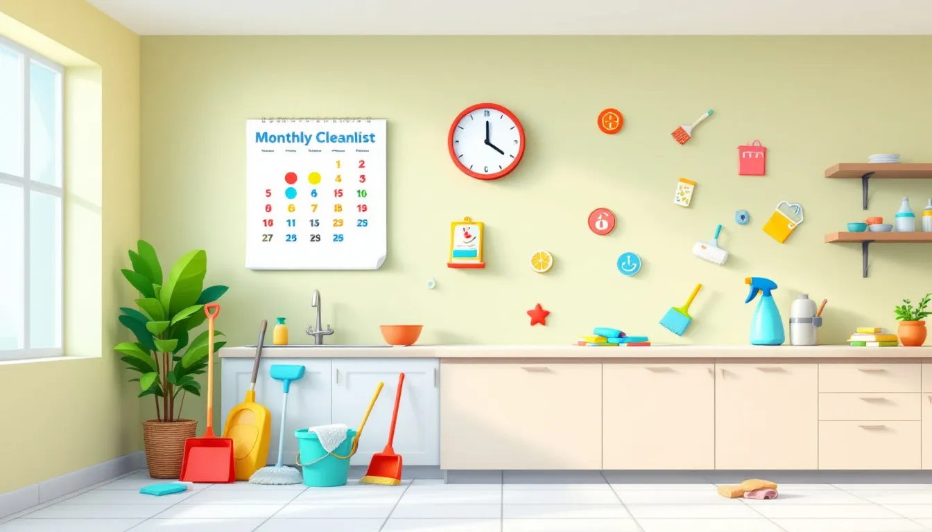 Monthly kitchen deep cleaning checklist with cleaning supplies.