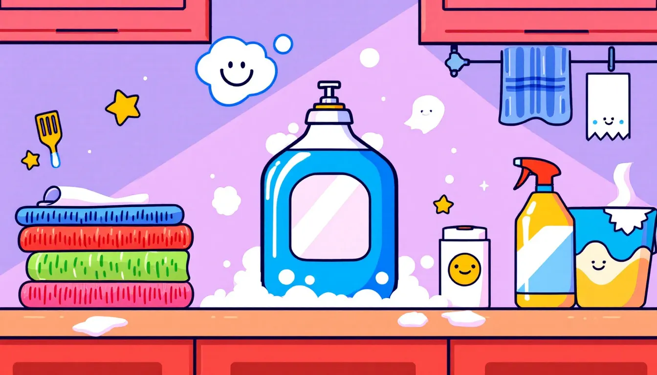 Essential kitchen cleaning supplies including dish soap and microfiber cloths. Kitchen deep cleaning checklist